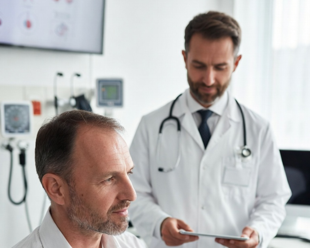 Médico con tablet atendiendo a paciente en consulta