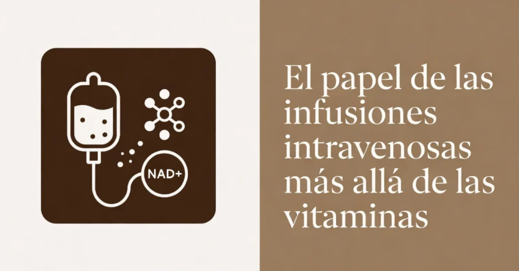 Bolsa intravenosa con símbolo NAD+ y texto informativo