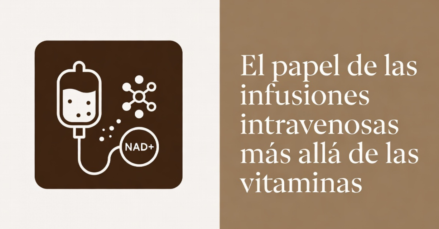 Bolsa intravenosa con símbolo NAD+ y texto informativo