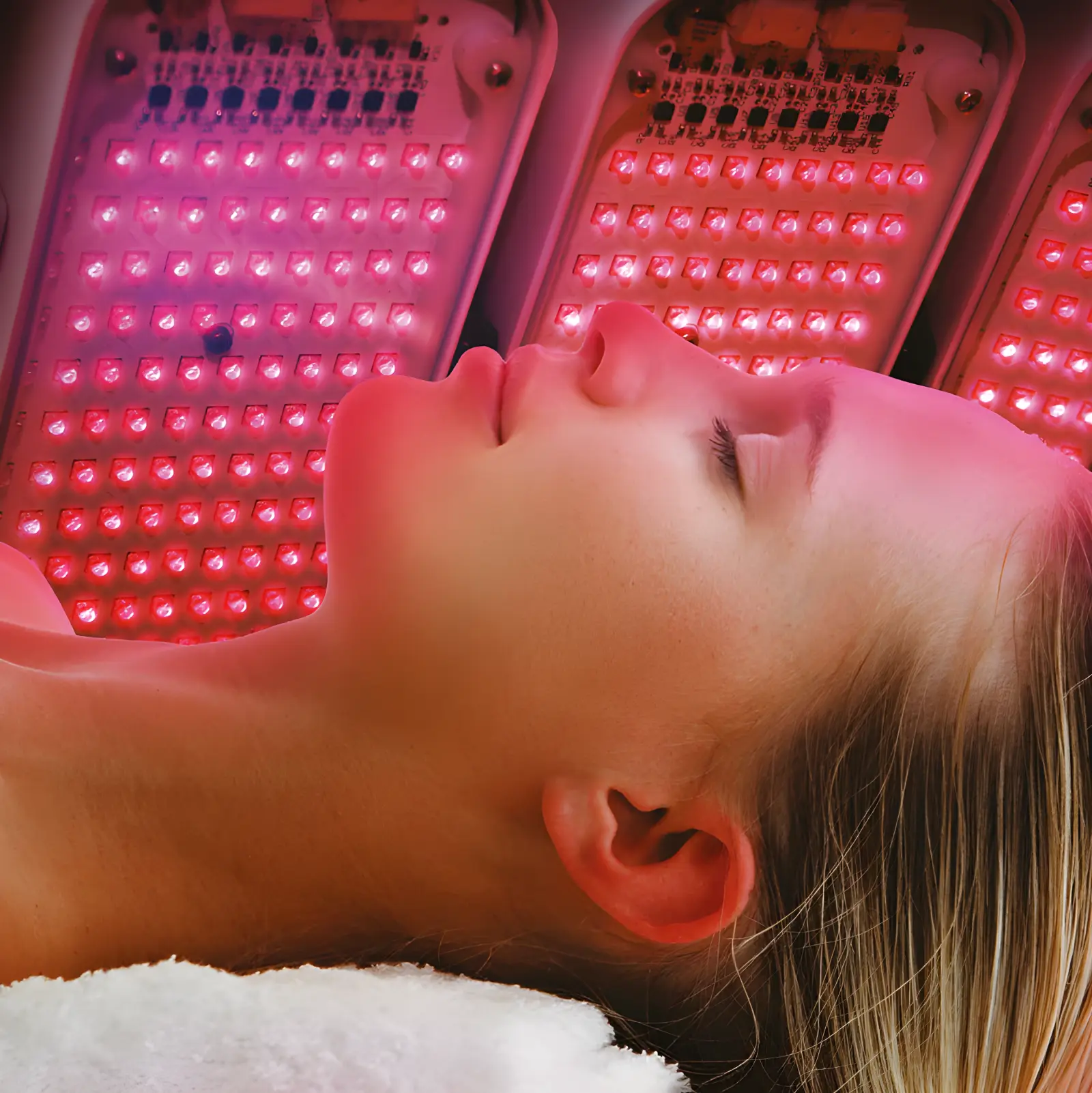 Terapia de luz roja en rostro femenino