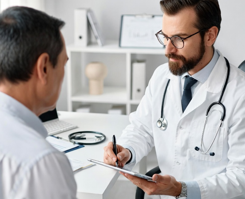 Médico consultando con paciente en consulta clínica
