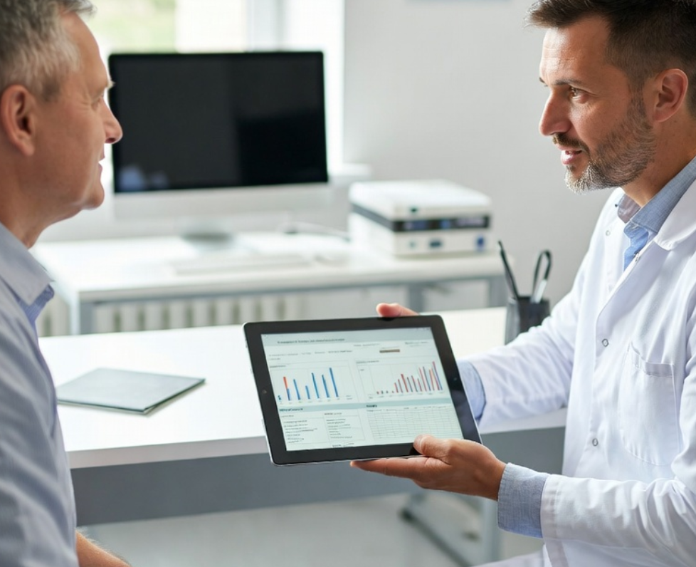Médico muestra resultados en tablet a paciente