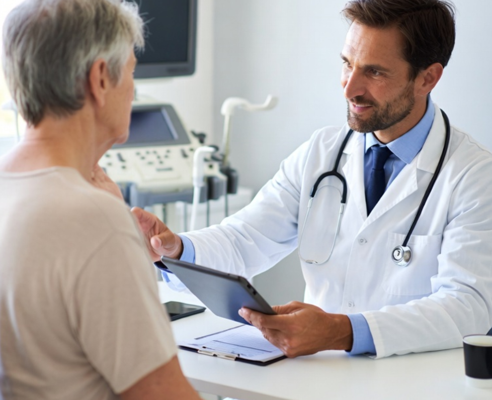 Médico consulta con paciente mayor en clínica