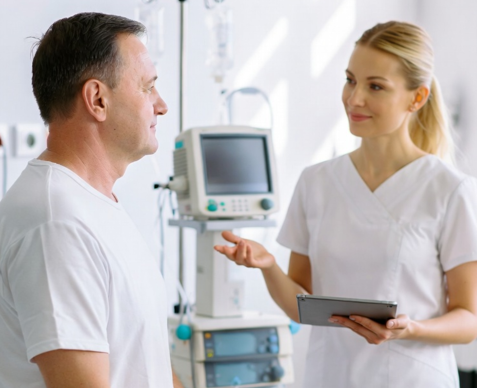 Enfermera hablando con paciente en consulta médica