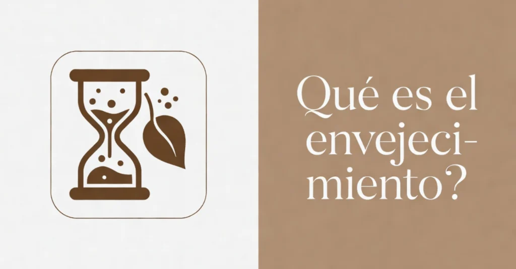 Reloj de arena con hoja y texto sobre envejecimiento