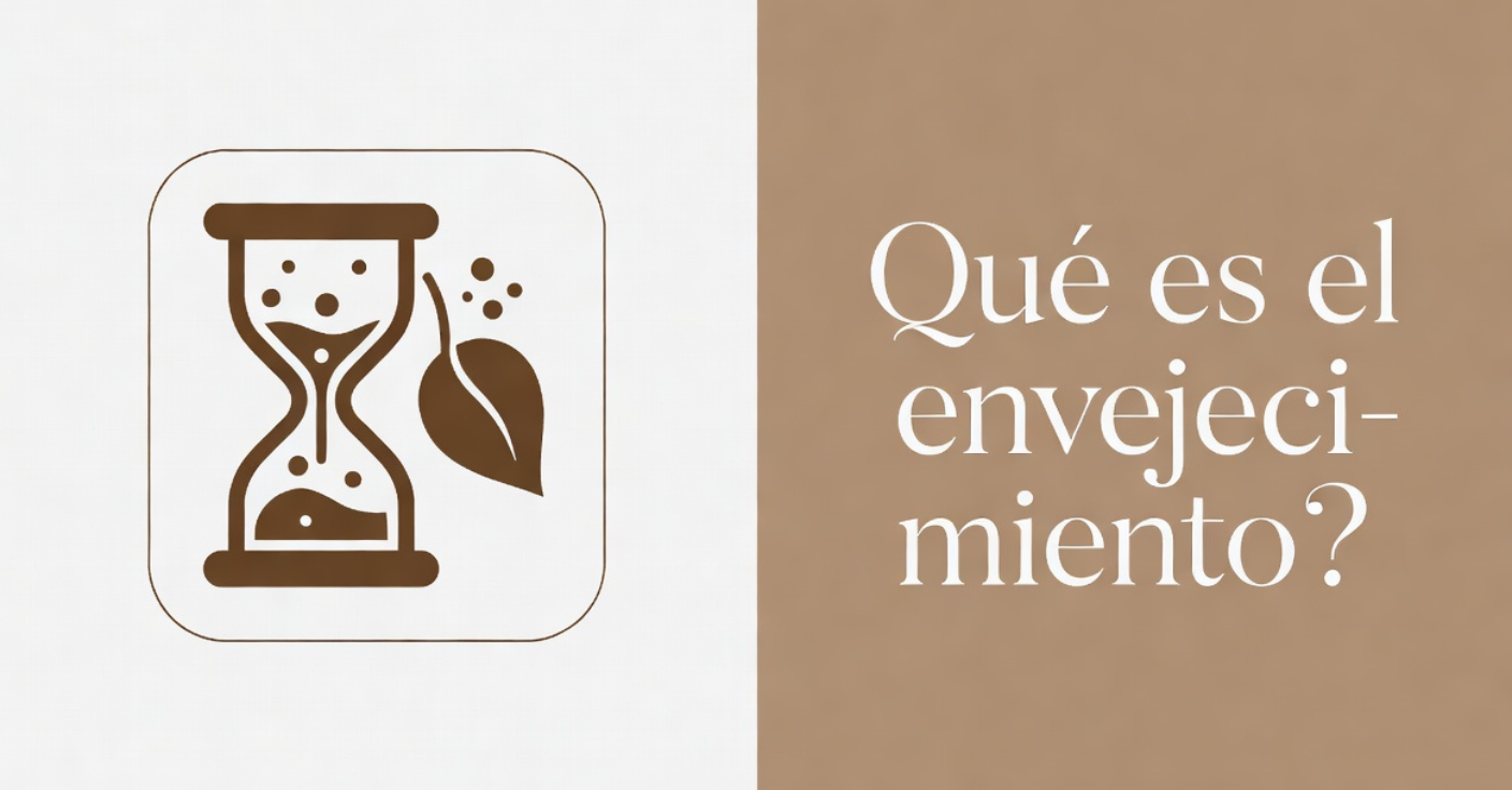 Reloj de arena con hoja y texto sobre envejecimiento
