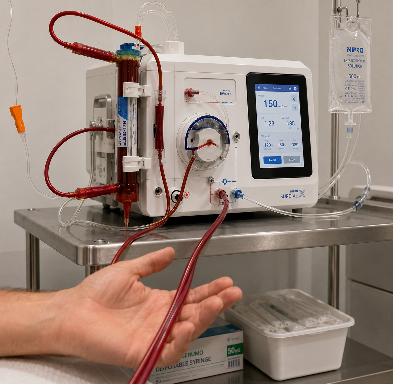 3BF1DC57-4787-401E-8480-F3D1F29C0E7F Máquina de hemodiálisis con tubos y sangre circulando