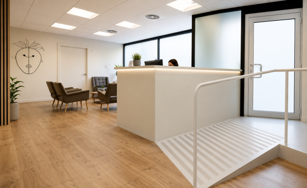 Recepción moderna con rampa accesible y sala de espera
