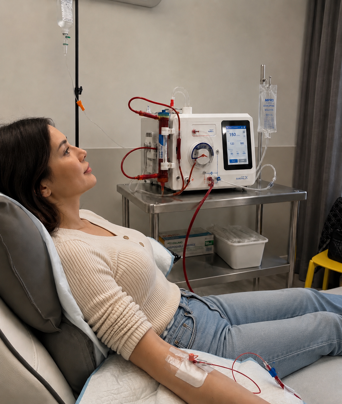 652F50F2-9CC1-4489-B812-E60DC6DB47E1 Mujer recibiendo tratamiento de hemodiálisis en clínica